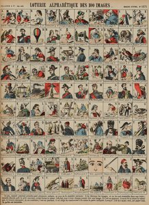 100枚の画像のアルファベット順のくじ（カラーの彫刻 作： French School