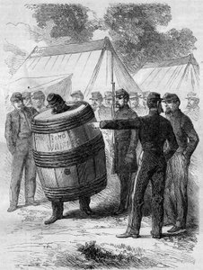 アメリカ南北戦争（1861-1865）：コンフェデレーション軍の酔っぱらい兵士の処罰。他の兵士の愉快な視線を浴びながら、バレルピアスをつけてキャンプ内を歩いている。1862年7月26日の "Le Monde Illustré "276号に掲載されたエングレーヴィング。 作： French School