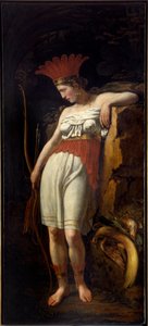 アメリカの新世界 羽根をつけて弓矢を持った若いインディアンの女性としての寓話。19世紀のフランス派の絵画。ラ・ロシェル、新世界博物館 作： French School