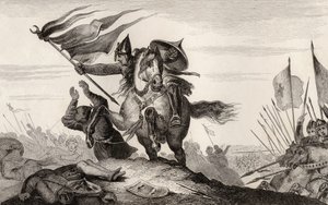 1840年頃に出版されたコラールの「フランス史」より、戦闘中の8世紀フランスの騎士（エングレーヴィング）