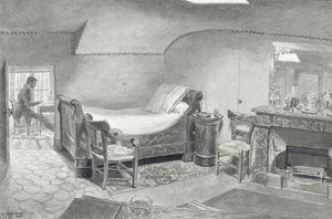 パリのアーティストの屋根裏部屋のインテリア、1830年頃（紙にペンとセピアのインクとセピアのトイレ） 作： French School