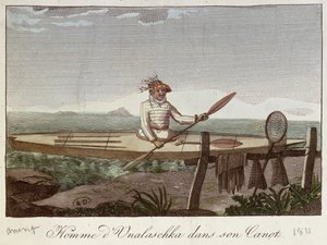 1811年に彼のカヌーでウナラスカ島の住民 作： French School