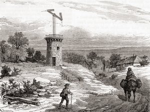 18世紀の空中電信柱（1870年頃に出版された「科学の傑作」より）（彫刻 作： French School