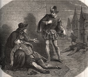 1582年、フランス王アンリ3世（1551-1589）の使者がローマの街中で瀕死の状態で発見された。彼は、妹のマルグリット・ド・ヴァロワ（1553-1615）（通称マルゴ女王）に関する国王からの妥協的なメッセージを携えていた。1871年に作成された図版 作： French School