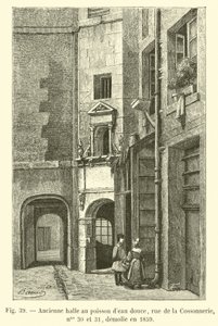 1859年に撤去された、淡水魚のある旧市場ホール、30番地と31番地、rue de la Cossonnerie 作： French School