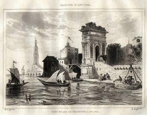 アンコーナ - アンコーナ - イタリア - トラヤヌスのアーチ、アポロドーロによるものとされる古代ローマの作品 - アーチはアンコーナに設置されている - M. de Norvins, Ch. Nodier 1834-1836による "Italy Picturesque" - History and Descriptive Painting of Italyからのエングレーヴィング。 作： French School