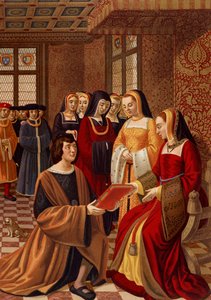 アンヌ・ドゥ・ブルターニュ（1477-1514）が貴婦人たちに囲まれている様子。16世紀の細密画をもとにしたクロモリトグラフ。パリ、アール・デコ図書館 作： French School