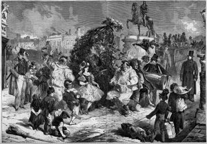 1860年5月、イギリス・ロンドンの街角で行われた小さな煙突の年に一度のお祭り。春の訪れを祝うダンスの最中、子供が観客と一緒にクエートを作っている。1860年5月12日付「Le Monde Illustré」160号に掲載されたエングレーヴィング。 作： French School