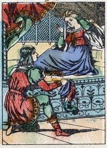フランスの作家、シャルル・ペロー（1628-1703）の物語「休眠中の森の美女」の匿名イラスト。イメージング・ペラン（エピナル）の木版画。19世紀後半の作品。 作： French School