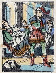 フランスの作家、シャルル・ペロー（1628-1703）の物語「休眠中の森の美女」の匿名イラスト。イメージング・ペラン（エピナル）の木版画。19世紀後半の作品。 作： French School