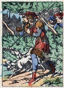 フランスの作家、シャルル・ペロー（1628-1703）の物語「休眠中の森の美女」の匿名イラスト。イメージング・ペラン（エピナル）の木版画。19世紀後半の作品。 作： French School
