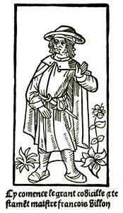 大いなる遺言」における詩人フランソワ・ヴィヨンのアポクリファルな肖像画 - "Cy comence le grant codicille & testamet maistre Francois Villon""(ここに大聖遺言が始まる」P Levet 1489年版（木版画 作： French School