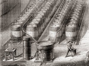 1870年頃に出版された「Les Merveilles de la Science」より、鉄に硫酸を作用させて水素ガスを調製し、風船に充填するための装置（リトグラフ）。