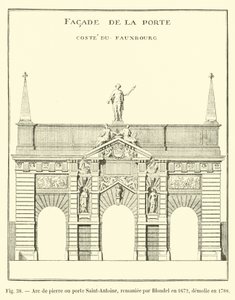 1672年にブロンデルによって再建され、1788年に解体された石のアーチまたはサンアントワーヌ門 作： French School