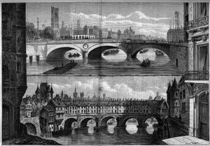 建築、パリ：1660年の古い橋au Change（1639-1647）と1860年に建設された新しい橋の風景。1860年10月20日付「Le Monde Illustré」184号に掲載されたエングレーヴィング。 作： French School