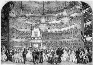 建築：ニース（アルプ・マリティーム、06）の王立劇場（19世紀）の内観、1858年、バーデン大公夫人ステファニー・ド・ボーアルネ（1789-18）の後援のもと、ソシエテ・フランセーズ・デ・アシスタンスが開催したチャリティ・ボールの際のもの。 作： French School