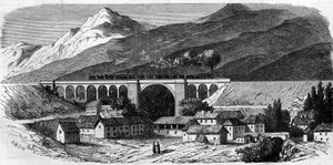 建築：リヨンとジュネーヴを結ぶ鉄道路線のベルガルド高架橋（ローヌ・アルプ）の風景。1858.1858年3月20日付「Le Monde Illustré」49号に掲載された版画。 作： French School