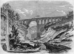 建築：リヨンとジュネーヴを結ぶ鉄道路線のヴァルセリン高架橋（ローヌ・アルプ）の風景。1858.1858年3月13日付「Le Monde Illustré」48号に掲載された版画。 作： French School
