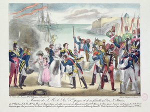 1823年10月1日、1823年10月1日、フェルディナンド7世とその家族がポルトサントマリーに到着 作： French School