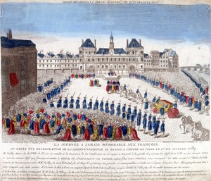 1789年7月17日、パリのホテル・ドゥ・ヴィルへのルイ16世の到着 - 彫刻 作： French School