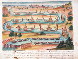 サイアムへのイエズス会の記録からのサイアムへのフランス大使の到着、1688（紙のトイレ） 作： French School