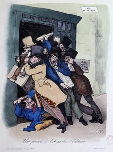出版社のドアを包囲するアーティストたち（1830年頃）（カラーリトグラフ 作： French School