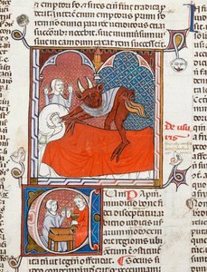 Arundel 484 f.245死んだ人のベッドの上の悪魔または悪魔、ジャスティニアヌス作、光沢のあるオルディナリアのあるダイジェストム・ヴェトゥスのイラスト、c.1300-10（ベラム） 作： French School
