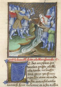 Arundel 67、f.144、川を渡って戦う中世の兵士、Chroniques d