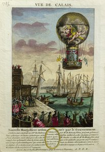 1785年のカレーでのモンゴルフィエール熱気球の上昇 作： French School