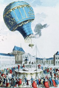 1783年にベルサイユの王室の前にモンゴルフィエ兄弟の熱気球が上った（カラー彫刻） 作： French School