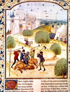 1437 年 (100 年戦争) のパリ郊外でのイギリス騎士の暗殺 ジャン・ド・ワヴラン著のイングランド年代記からのイルミネーション