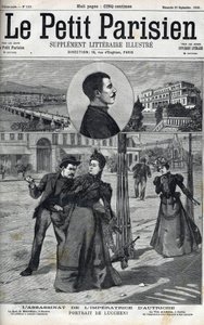 1898年、ジュネーブで行われたイタリアのアナキスト、ルチェーニによるオーストリア皇后エリザベート（シシィ）の暗殺事件。1898年の「Le petit Parisien」の表紙 - ジュネーブで行われたイタリアのアナキスト、ルイジ・ルチェーニによるオーストリア皇后エリザベート（シシィ）の暗殺事件 作： French School