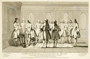 修行を開始するための無料の石工の集会、宗教と慣習の儀式、1733年 作： French School