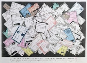1789年に発行されてから1797年に発行が停止されるまでのアサガットおよびその他の紙幣の例（カラー彫刻） 作： French School