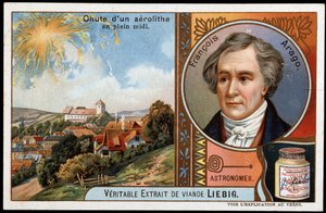天文：フランソワ・アラゴ（1786-1853）の肖像が描かれた、正午に落下するエアロリス - リービッヒ・クロモリトグラフィー