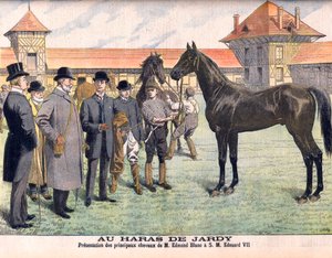 パリ郊外のJardyスタッドファーム（Marnes-la-Coquette）にて。国王エドワード7世に最高の馬を見せるエドモンド・ブラン繁殖家。ジャルディ種馬場。エドモンド・ブラン氏の主な馬をエドワード7世（1841～1910年）に贈呈。Le petit Journalのイラスト