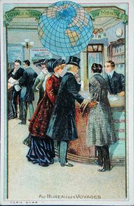 旅行代理店にて」（子供用収集カードシリーズより）1880～90年頃（カラーリトグラフ 作： French School