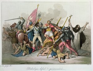アタワルパ（1502-33年頃）はフランシスコピサロ（1478-1541年頃）の部隊に捕らわれて捕虜になりました1820 作： French School