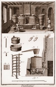 ブランデー蒸溜所-Denis Diderot（1713-1784）とJeanによる「La Grande Encyclopedie, ou Dictionnaire Raisonne des Sciences, des Arts et des Metiers」（科学、芸術、職業の百科事典）。 作： French School
