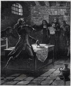 1766年にパリ議会で反逆罪による死刑判決が発表された際の、アイルランド出身のフランス人将軍トマス・アルトゥール侯爵（バロン・ド・トレンダル、ラリー伯爵）の自殺未遂事件。19世紀のエングレーヴィング。 作： French School