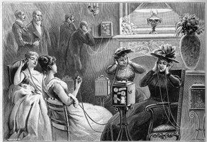 1892年、パリのグランドホテルのラウンジで行われたテアトロフォンのオーディション（家庭でのシアターオーディション）。 作： French School