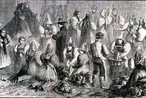 1860年代のアウグスブルクのマーケット(エングレービング) 作： French School