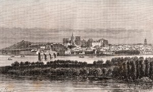 ヴォークリューズ地方のアヴィニョン - V.A.マルト・ブラウンの「La France illustree: Geography, history, administration statistique」に掲載されている版画。1884 作： French School