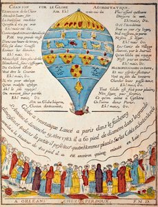 気球飛行：1783年10月19日、パリのフォブール・サン・アントワーヌにあるレヴェイヨン氏の庭でのモンゴルフィエ兄弟の体験。エポック時代のエングレーヴィング。パリ、B.N. 作： French School