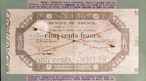 24ジャーミナルオブザイヤーXI、1806年から500フランの紙幣（紙にインク） 作： French School
