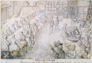 1493年のサンドリコートトーナメントでの宴会（紙に茶色のインクと鉛筆） 作： French School