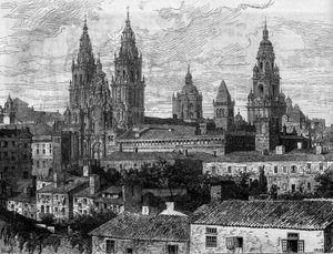 バロック芸術：サンティアゴ・デ・コンポステーラ大聖堂（Santiago de Compostela）の眺め。スペイン。1880年8月14日付「Le Monde Illustré」n°1220に掲載されたエングレーヴィング。 作： French School