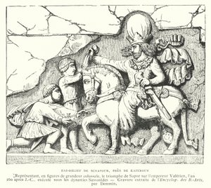 エデッサの戦いにおけるササン朝の王シャプール1世のローマ皇帝ヴァレリアンに対する勝利を描いたイラン・カゼルン近郊のバスレリーフ（260年）（彫刻 作： French School