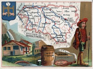Bases Pyrenees、現在のPyrenees-Atlantiques（ピレネー・アトランティック、64）、フランス、アキテーヌ地方。オー・ボンヌ（水の良さ）の温泉、オー・ド・ヴィ・ダルマニャック、チョコレート、塩、バイヨンヌのハムなど。フランスの各県を紹介するシリーズ。クロモリソグラフィー（クロモ） "