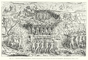 イロコイ族との戦い：パリのXaintongeoisにあるSieur de Champlainの航海記の版画より 作： French School